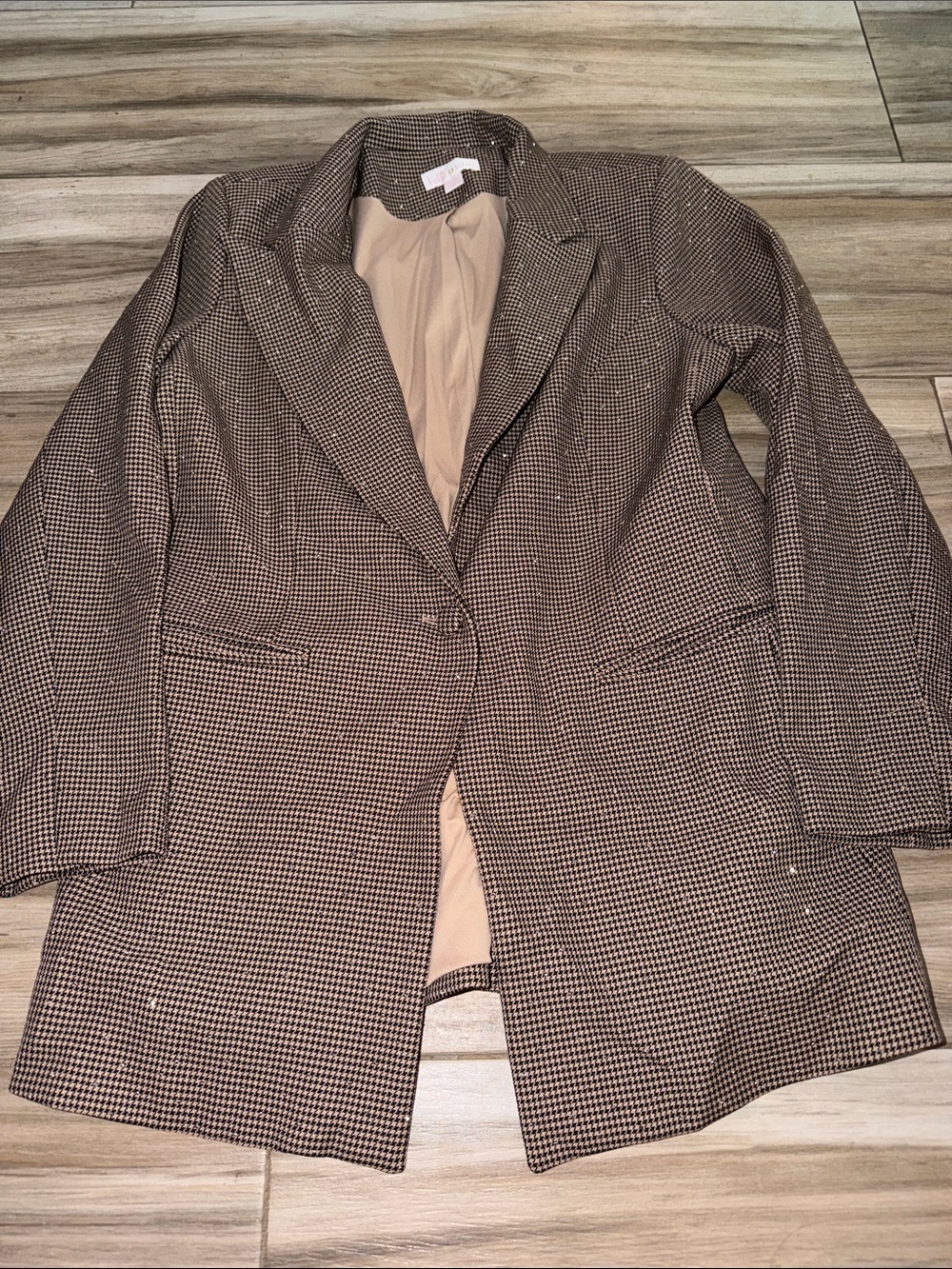 Belle by Kim Gravel Brown Houndstooth Crystal rhinestone Blazer with Tan Lining